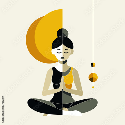 Geometric Illustration of Woman in Yoga Pose with Modern Abstract Design