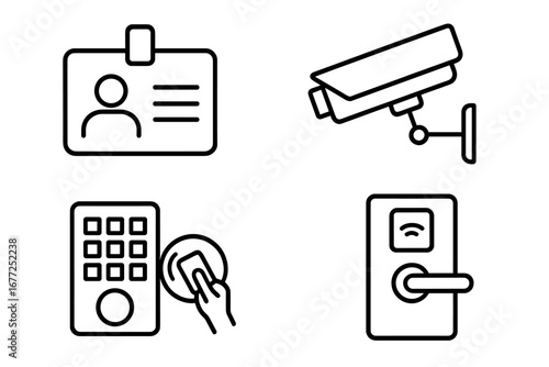Security and access control line icon set. Vector icons for identification, surveillance, and door entry systems. Includes ID badge, CCTV camera, keypad, and smart lock symbols.