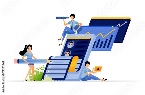 Using apps to determine which employees will be hired based on CV and performance reviews. Illustration design can be used for book cover, banner, website, web, ads
