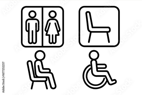 Public space signage icon set. Vector symbols for restroom, toilet, waiting room, and seating area. Accessibility information sign for disabled person in wheelchair. Line art.