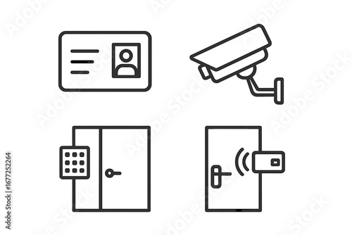 Security and access control line icon set. Icons for identification, surveillance camera, door entry systems. Vector illustration of badge, CCTV, keypad lock, and RFID card reader.