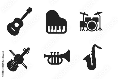Musical instrument solid icon set. Vector glyph collection: guitar, piano, drums, violin, trumpet, saxophone. Music, band, orchestra, sound concept. Simple black silhouette.