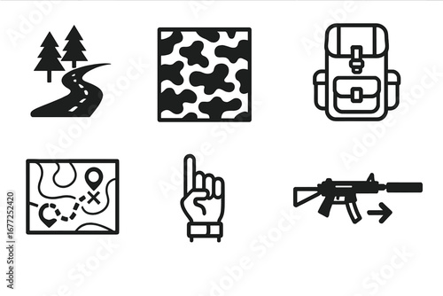 Tactical Icons Grid with Forest Path, Camouflage Pattern, Silent Weapon, Supply Pack, Lookout Post, Terrain Map, Hand Signal, and Escape Vector Illustration on Transparent Background