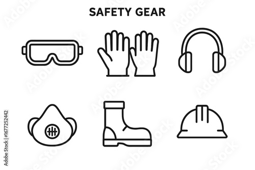 Personal Protective Equipment line icon set. Safety gear for work, construction, and industry. Includes hard hat, safety glasses, steel-toe boots, gloves, respirator mask, earmuffs.