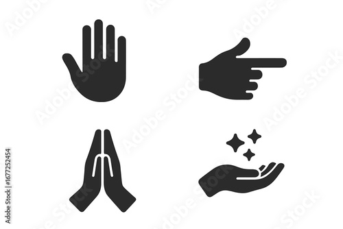 Mystical hand gestures icon set. Solid glyph pictograms collection. Includes pointing finger, prayer hands, open palm stop sign, and magic spell symbol. Spirituality vector.