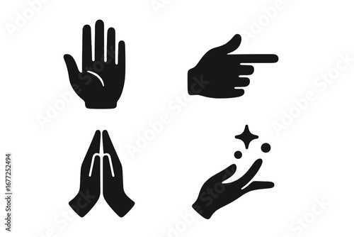 Mystical hand gestures icon set. Solid glyph symbols of open palm, pointing finger, prayer hands, and magic spell. Esoteric, spiritual, witchcraft, and healing concepts.