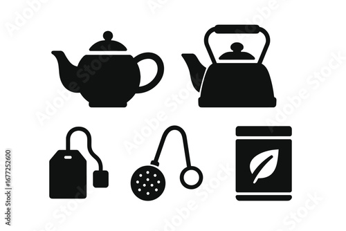 Tea Essentials Icon Set, Solid Filled Vector Icons of Tea Brewing Tools Including Teapot, Tea Kettle, Tea Bag, Tea Infuser, Loose Leaf Tin, Transparent Background