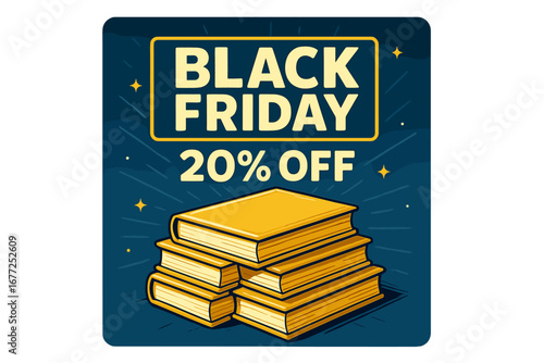 Vector artwork for BLACK FRIDAY deals in a 20th Century Fox style, featuring volumetric lettering, a building, and spotlights; 20% off