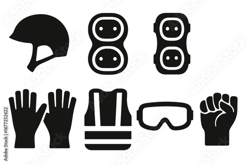 Safety gear solid icon set. Personal protective equipment PPE for construction and sport. Vector glyphs of helmet, knee pads, elbow pads, gloves, goggles, reflective vest, fist.