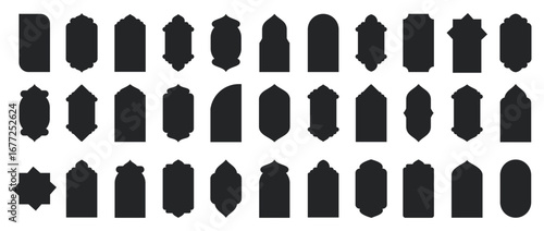 Set of Islamic Shape Illustration. flat Islamic door and arabic window Shape Illustration. Muslim oriental shapes design for Ramadan. Set of black silhouette eid mubarak decorative arches, mosque