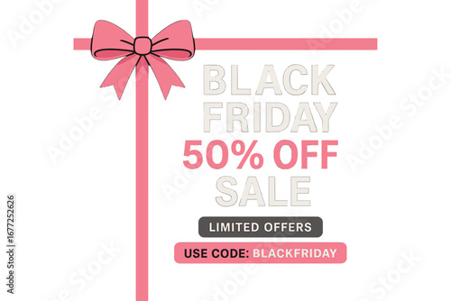 Vector illustration of a Black Friday sale featuring a pink ribbon bow and a gift‑box frame on a black background