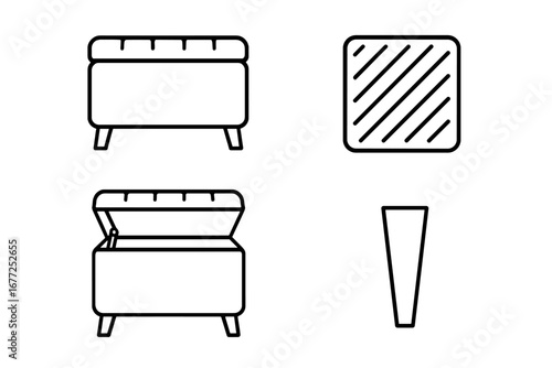 Upholstered storage trunk and ottoman outline icon set. Vector furniture illustration with tufted lid, fabric texture, hinge and leg. Modern minimalist seating design.