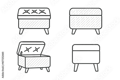 Upholstered trunk icons. Outline icon set of ottoman storage bench seating. Tufted lid, fabric texture, hinge, wooden leg. Vector illustration for home furniture design.