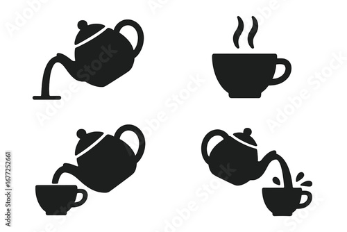 Tea Pouring Icon Set, Solid Black Silhouettes, Four Tea Action Vectors, Tilted Teapot Pouring, Tea Stream Flowing Into Cup, Hot Steam Rising, Tea Spill Splash, Transparent Background