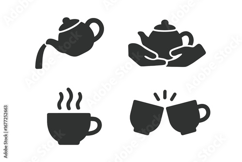 Tea Ritual Icons Solid Filled Vector Set of Tea-Serving Traditions and Moments Including Pouring Gesture, Hands Holding Teapot, Steaming Cup, and Clinking Tea Cups Illustration