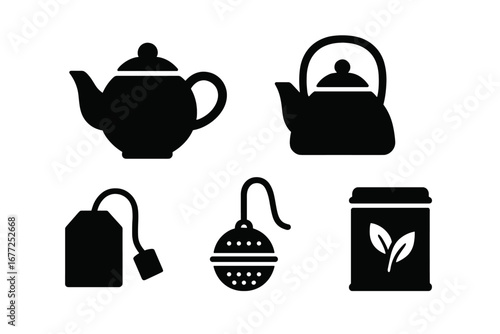 Tea essentials icons solid filled vector set with classic teapot, kettle, tea bag, infuser ball, loose leaf storage tin, brewing accessories, transparent background