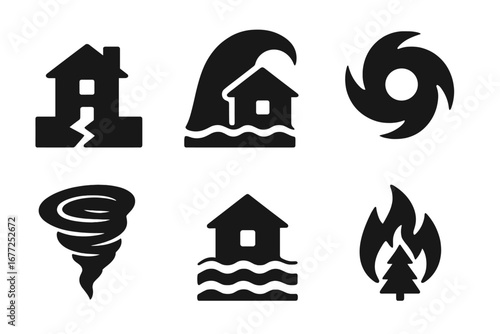 Natural disaster solid icon set. Catastrophe symbols. Earthquake, flood, tsunami, hurricane, tornado, wildfire pictograms. Climate change, emergency, crisis vector signs.