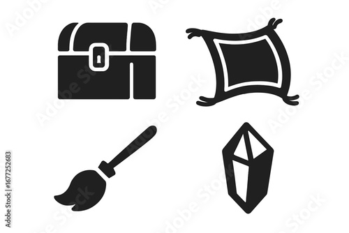 Mythical fantasy icon set. Solid glyph vector collection of magic items. Includes treasure chest, flying carpet, witch broom, and crystal gem for RPG games or fairy tales.