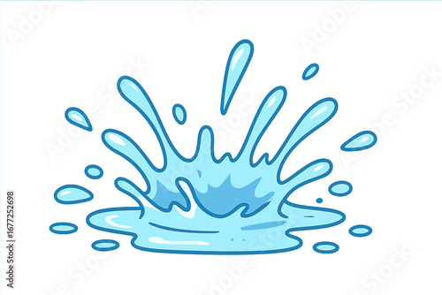 Water splash vector illustration. Cartoon liquid drop and puddle. Aqua splashing, fresh clean blue water pouring. Spill droplet and ripple effect. Isolated graphic element design.
