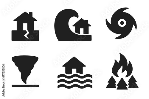 Natural disaster solid glyph icon set. Vector symbols of catastrophe. Weather and climate change warning signs. Icons for earthquake, tsunami, hurricane, tornado, flood, wildfire.