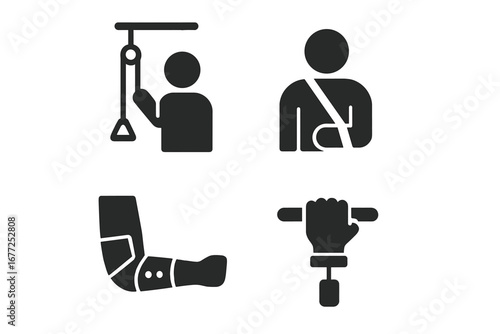 Upper body physiotherapy solid icon set. Medical rehabilitation for arm, shoulder, elbow injury. Orthopedic recovery equipment. Shoulder pulley, arm sling, elbow brace vector icons.