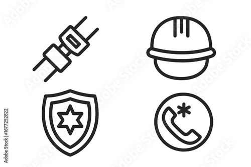 Safety and security outline icons set. Vector illustration of work safety helmet, car seatbelt, police shield badge, and emergency call symbol for protection and compliance.