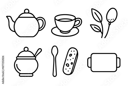 Tea Time Icons Outline Vector Set Featuring Teapot, Teacup, Tea Leaves, Infuser, Sugar Bowl, Teaspoon, Biscotti, and Serving Tray for Tea Ritual Designs