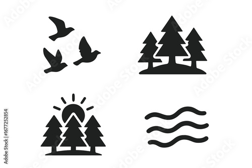 Nature icons set. Solid glyph symbols of forest, flying birds, sunrise over trees, and water waves or mist. Outdoor adventure and environment vector collection. Minimalist.
