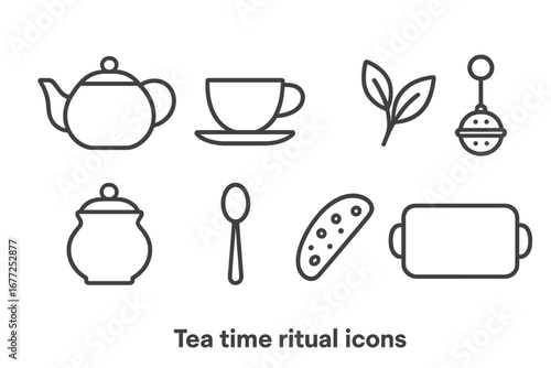 Tea time ritual icons outline set including teapot, teacup with saucer, tea leaves, infuser, sugar bowl, teaspoon, biscotti cookie, and serving tray, vector illustration