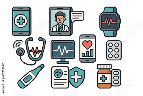 Medical Technology Icons Showcasing Digital Health Tools, Telemedicine Applications, Smart Healthcare Devices, Wearables, and Modern Health Monitoring Solutions in Vector Cartoon Illustration