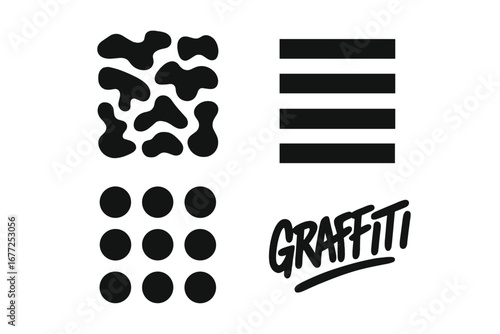 Urban fashion icon set. Solid vector patterns and textures for streetwear design. Camouflage print, stripes, polka dots, and graffiti word mark. Graphic elements collection.