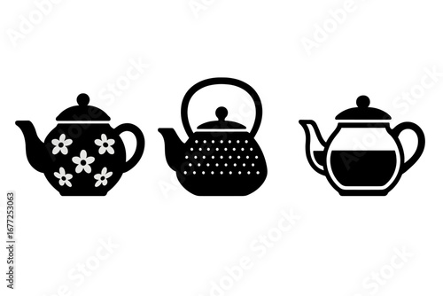 Teapot icon set. Black vector silhouette collection. Different materials like porcelain with flower pattern, Japanese cast iron, and modern glass kettle. Kitchenware symbols.