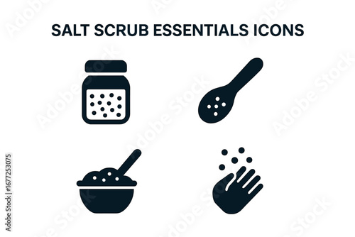 Salt scrub essentials solid glyph icon set. Body care, skincare, and beauty treatment concept. Vector icons for spa, exfoliating, homemade cosmetics, and natural products.