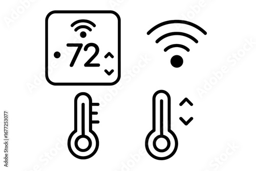 Smart thermostat outline icon set. Home climate control technology. Digital display, Wi-Fi signal, and temperature thermometer symbols. Vector illustration for app UI and web design.