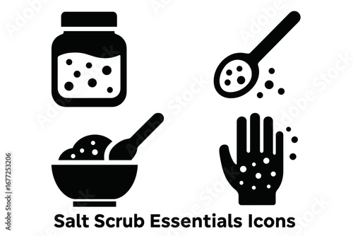 Salt scrub essentials icon set. Body care, exfoliation, spa treatment symbols. Natural beauty skincare concept. Handmade cosmetic glyph pictograms for skin health and wellness.