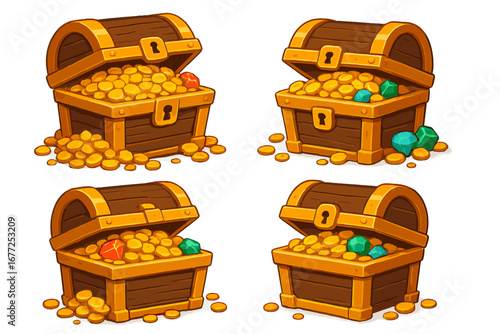 Vector set of cartoon treasure chests full of gold coins, gems, and jewels. Game asset icon collection for adventure, wealth, prize, and reward concepts. Pirate fortune.