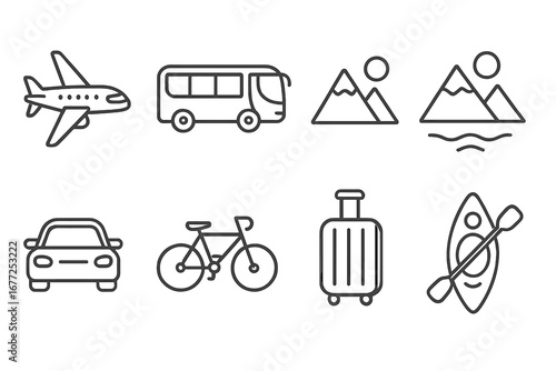 Travel, transport and adventure vector icon set. Minimalist outline icons for vacation, journey, holiday. Contains airplane, bus, car, bicycle, luggage, kayak, mountains, sea.