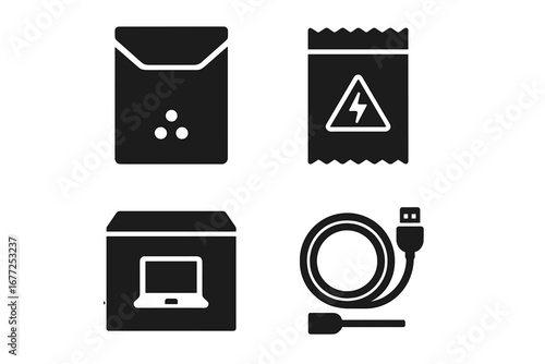 Tech packaging solid glyph icons. Electronics shipping set with laptop box, padded envelope, anti-static bag, and usb cable. Unboxing and delivery vector symbols.
