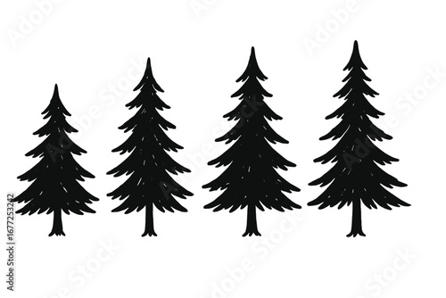 Set of black tree silhouettes. Hand-drawn spruce or fir trees. Winter forest concept, Christmas holiday symbol. Evergreen woods vector clip art for rustic modern design.