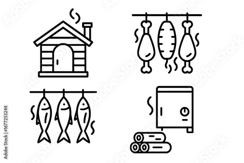 Smoking food line icon set. Smokehouse for meat and fish. Smoker grill, hanging chicken, bacon, salmon. Barbecue preparation. Culinary outline vector illustration.