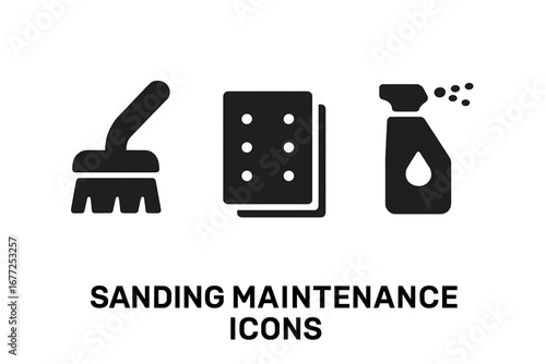 Sanding maintenance icons. Solid filled icon set. Cleaning brush, replacement sandpaper sheets, adhesive remover spray bottle. DIY project. Home improvement. Woodworking symbol.
