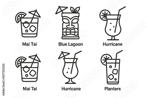 Tropical cocktails and tiki drinks outline icon set. Vector line art of classic summer beverages like mai tai, blue lagoon, hurricane, and planters punch for a bar menu or party.