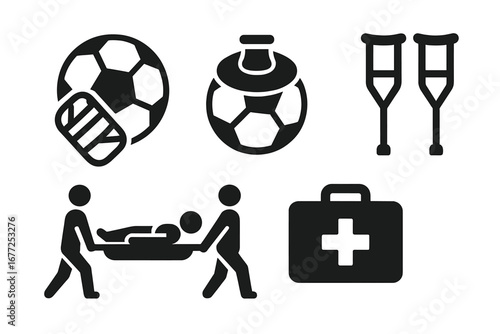 Soccer injury solid icon set. Football player trauma and medical care symbols. Bandage, ice pack, crutches, stretcher, first aid kit. Sports medicine vector illustration.