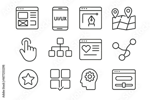UI UX outline icon set for web and mobile app design. User interface and experience linear pictograms. Website wireframe, navigation, user flow, and prototype elements.