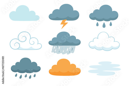 Cloud icon set in flat cartoon style. Weather forecast symbols collection. Vector illustration of rain, storm, thunder, sun, wind, fog. Sky element for web design.