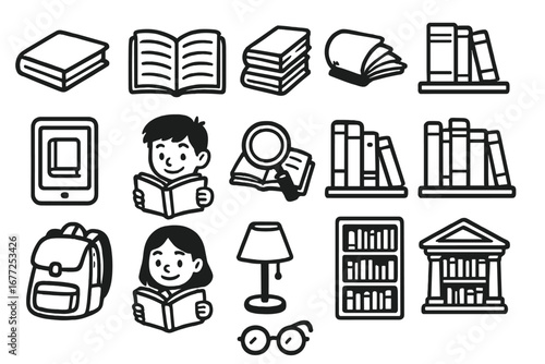 Book icon set. Reading, library, education and school symbols. Student, e-learning, knowledge, study concept. Vector line art collection. Bookshelf, literature, university.
