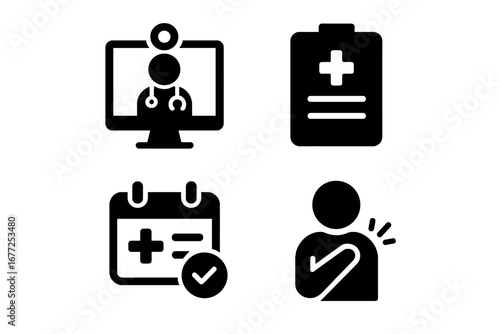 Telehealth icon set, solid filled 4 vector symbols of telemedicine, video call consultation, medical reports, appointment calendar with checkmark, symptom and pain illustration