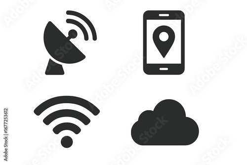 Technology icon set. Communication pictogram collection. Satellite dish, smartphone GPS location, wireless wifi signal, cloud computing data storage. Solid glyph vector icons.