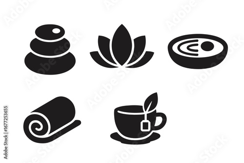 Spa wellness solid icon set. Symbols of relaxation, meditation, beauty, and health. Vector illustration of hot massage stones, lotus flower, zen garden, towel, and herbal tea.