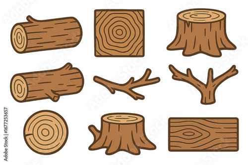 Wood icon set vector cartoon collection. Lumber, timber, firewood log, tree stump, branch, wood grain texture. Forest nature design elements. Wooden cross section slice.